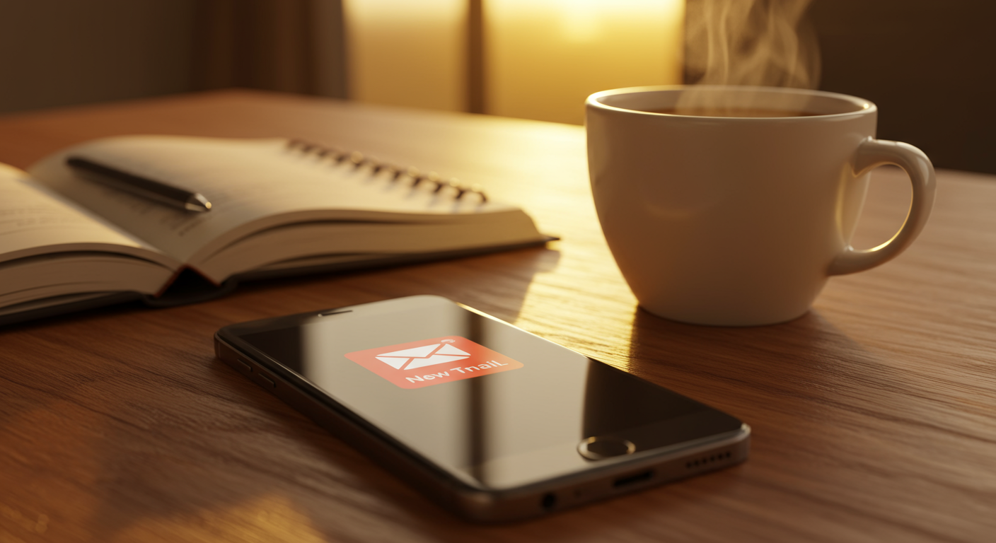 Powiadomienie o mailu obok kawy o świcie