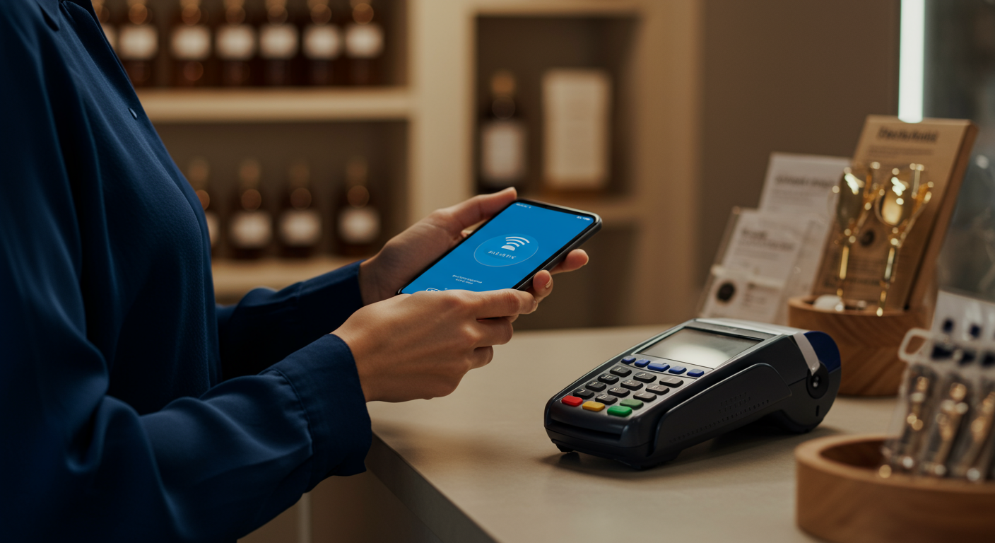 Klient płaci telefonem w małej firmie