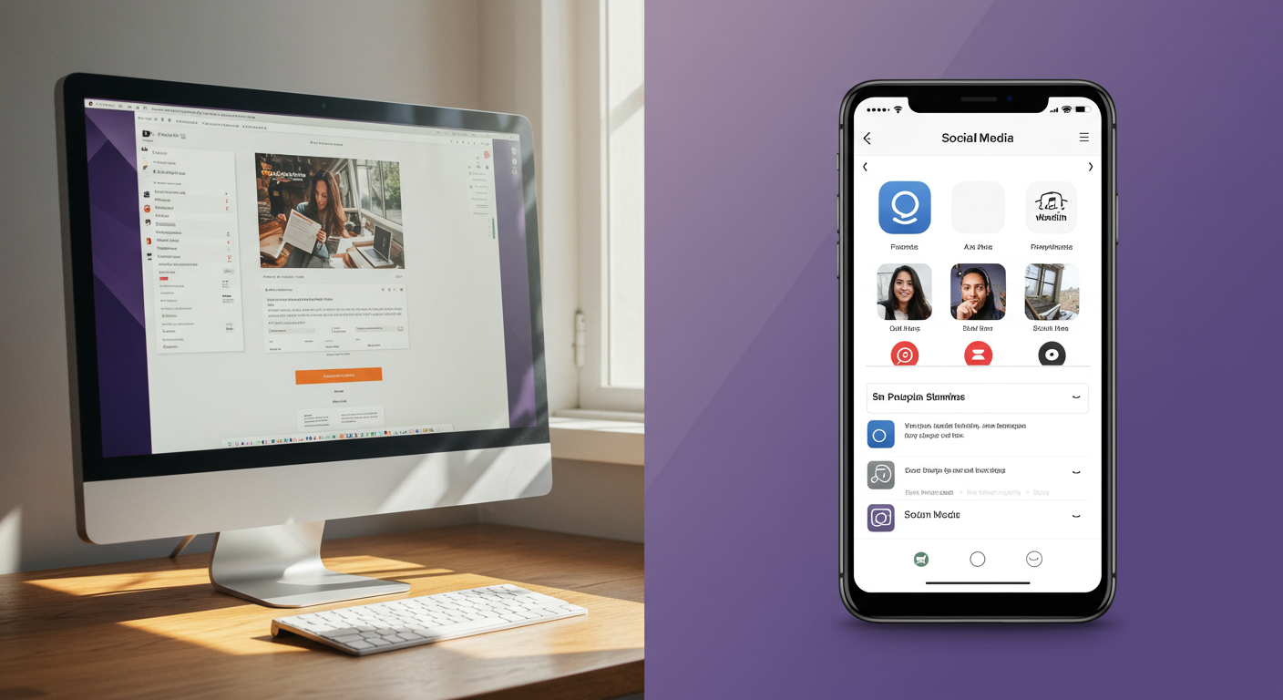 Strona firmowa na laptopie obok telefonu z social media